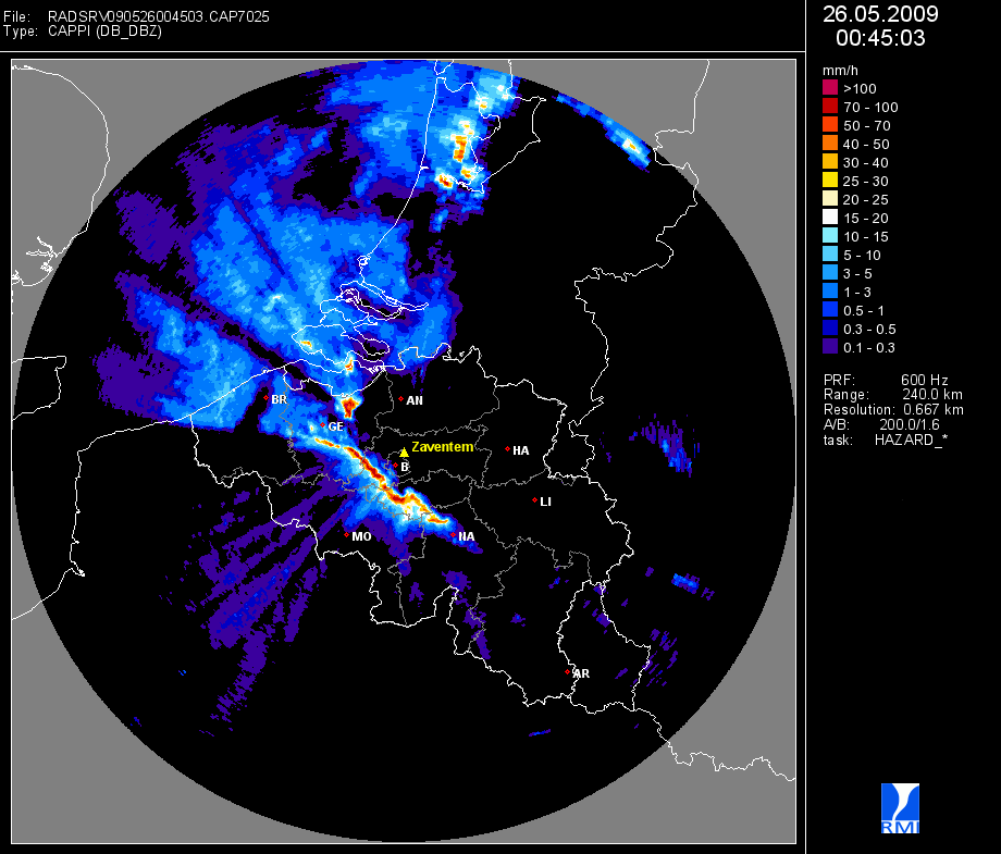 Le radar de Zaventem (Skeyes) montre une ligne de grains très active le 26 mai 2009. Au nord-