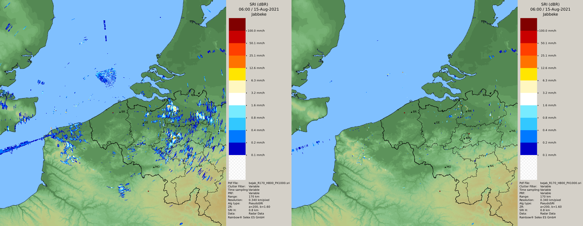 A gauche: Les images non-filtrées du radar de Jabbeke le 15/08/2021 à 6:00 TU. Il s'agit d'une situation sans précipitations, tous les signaux sur l'image sont donc non-météorologiques. A droite: La même image, mais filtrée grâce aux données de double polarisation.