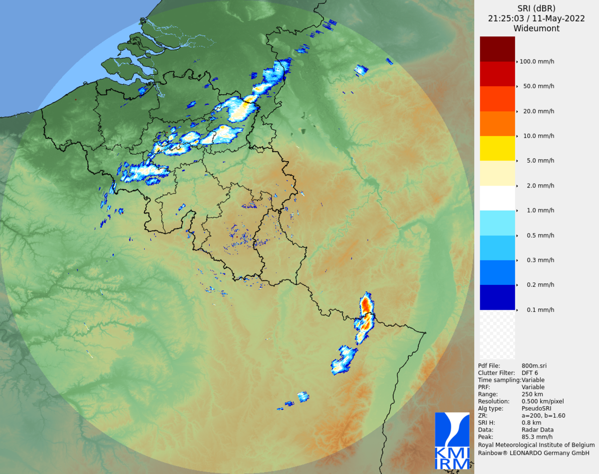 Précipitations détectées par le radar de Wideumont le 11 mai 2022 à 21h25 UTC (23h25 heure locale).
