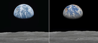 Beeld gemaakt door NASA Apollo 11 van de maan op 20 juli 1969 rond 05h UTC (links) en het overeenstemmende pseudo-beeld gemaakt van een 29u 28 km resolutie ECMWF voorspelling op basis van ERA40 gegevens (rechts). Beide beelden zijn gecentreerd over de Westelijke Stille Oceaan, met de evenaar die bijna verticaal loopt en met Australië zichtbaar links in een bruine kleur.
