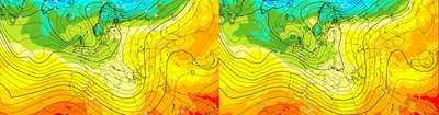 Figuur 1: vergelijking van een voorspelling met drie dagen voorspellingstermijn tussen het machine learning model en het numeriekeweersvoorspellingsmodel van ECMWF (situatie op 12/2/2024), 500 hPa geopotentiale hoogte en 850 hPa temperatuur. Links, het AIFS (ECMWF) ML model, rechts het NWP model.