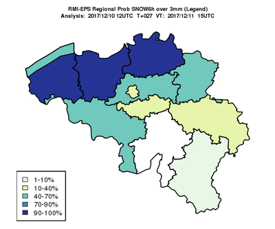 De voorspelde kans op sneeuwval met een hoeveelheid van meer dan 3 mm aan de hand van RMI EPS (geval 11/12/2017).