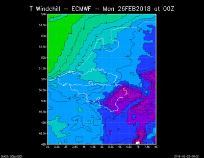 Température sensible(ressentie) pour la nuit de lundi à mardi à 00hUTC, calculée à partir des prévisions du modèle de prévisions numériques ECMWF