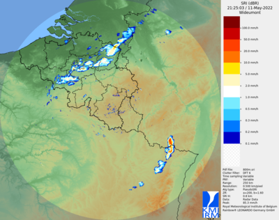 Gedetecteerde neerslag door de radar van Wideumont op 11 mei 2022 om 21u25 UTC (23u25 lokale tijd).