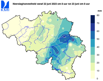 Neerslaghoeveelheden van 22/06/2023 8u tot 23/06/2023 8u