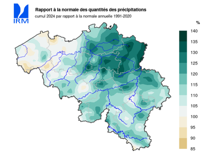 Fig. 4 : Pourcentage d'écart des précipitations locales en 2024 (valeurs jusqu’au 19 décembre 2024) par rapport à la valeur normale (1991-2020