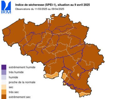 Figure 3: Aperçu de l'indice SPEI sur le territoire belge sur différentes périodes (1 mois, 2 mois, 3 mois et 6 mois)