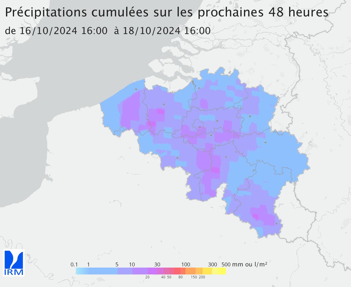 Cumuls des précipitations pour les prochaines 48 heures à venir