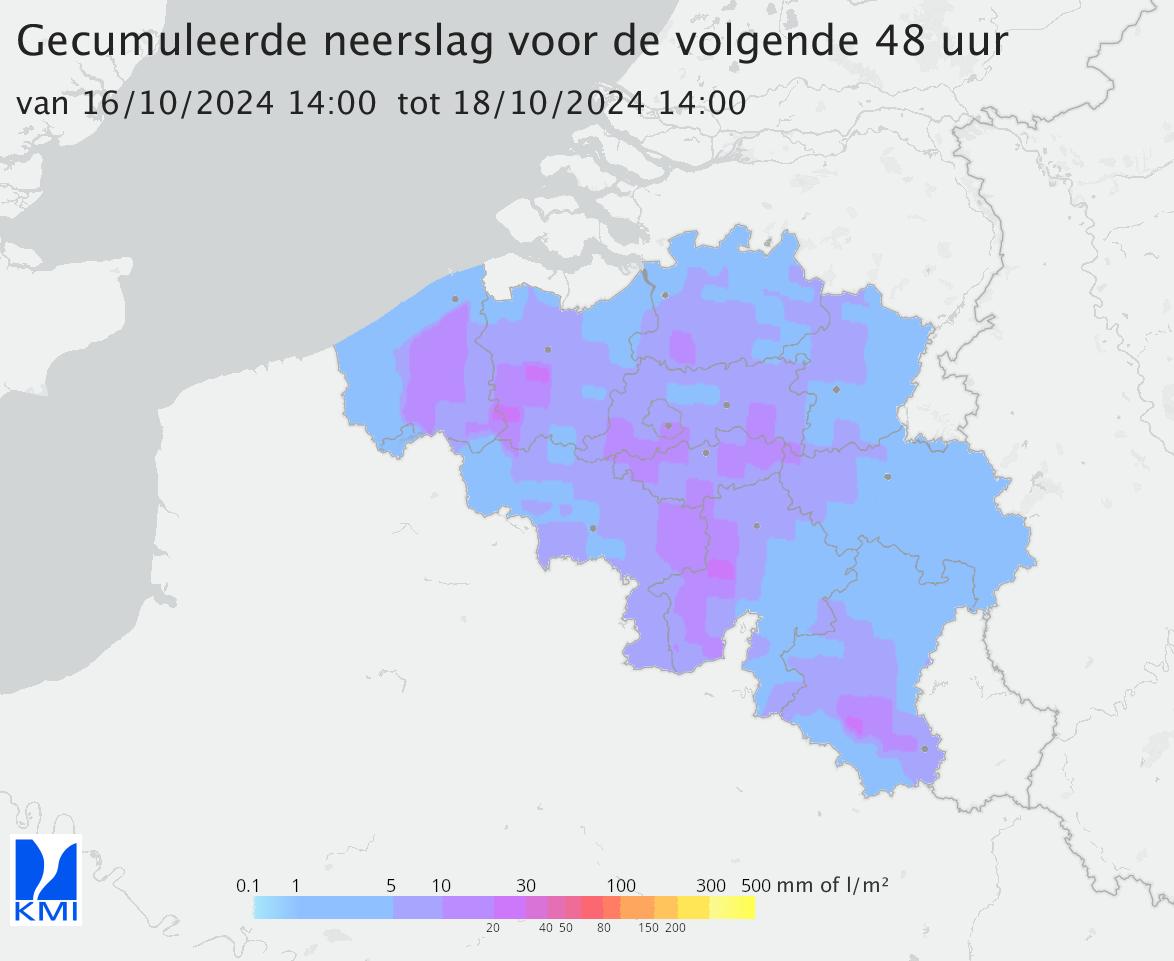 Verwachte neerslagtotalen volgende 48h