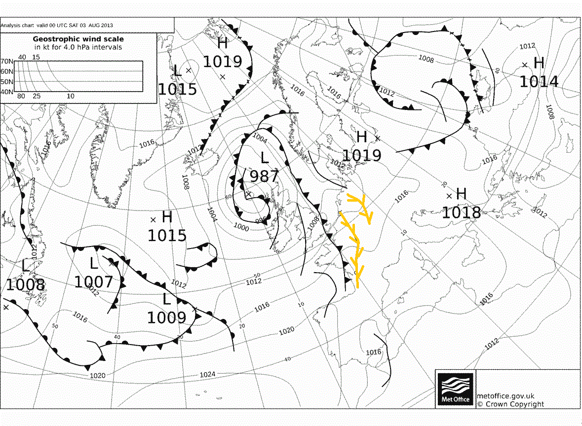 Un front froid sur nos régions venant de l’ouest. On trouve deux lignes de convergence.